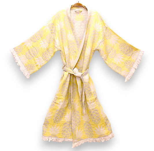 Pineapple Design Three Layers Muslin Turkish Towel Kimono Robe