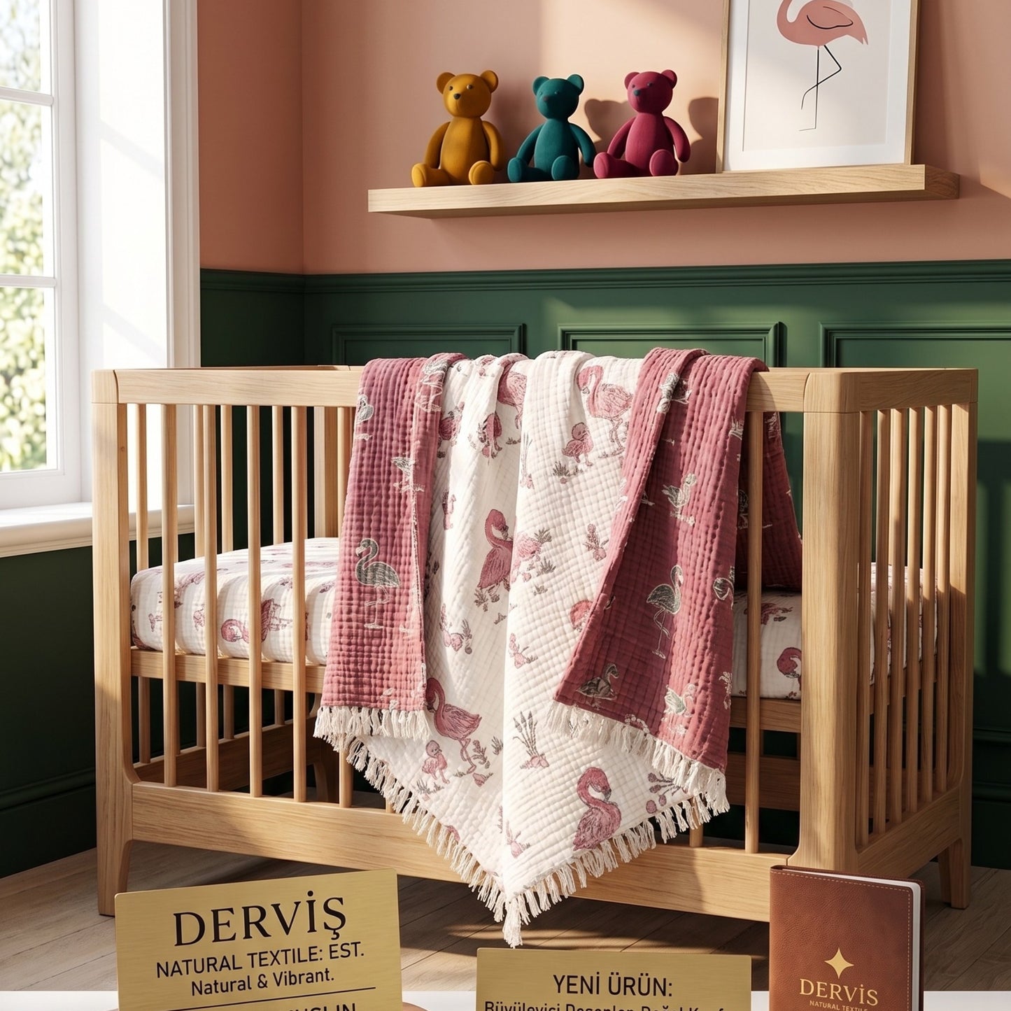 Reversible Flamingo Muslin Baby Quilt 130x130 cm | 100% Cotton Baby Blanket