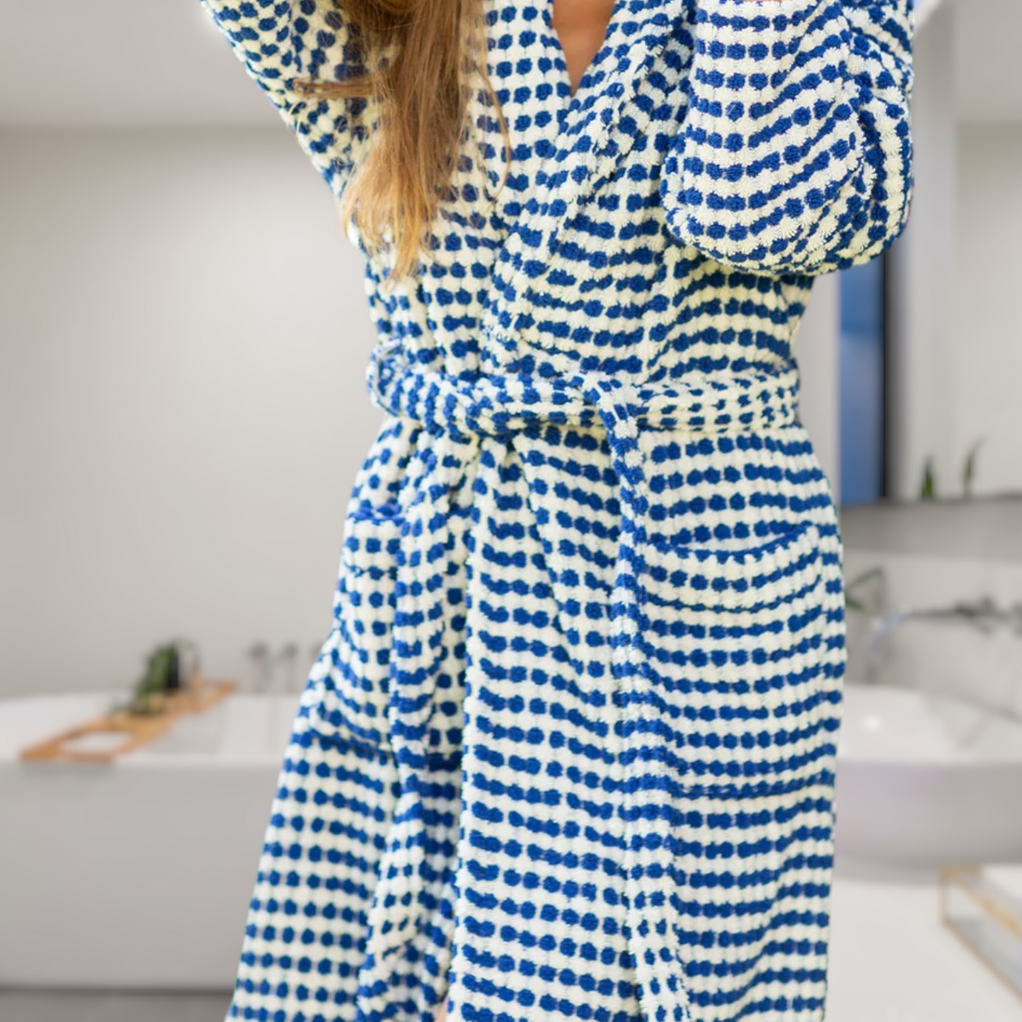 Turkish Terry Towel Bathrobe Indigo Dotted Pompom Design Shawl Collar