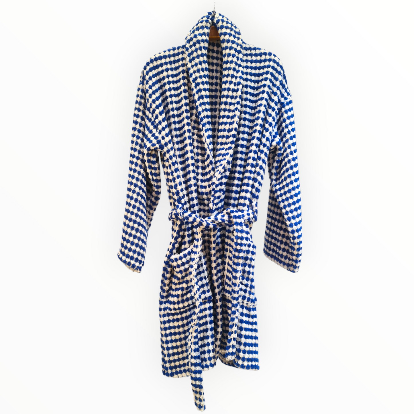 Turkish Terry Towel Bathrobe Indigo Dotted Pompom Design Shawl Collar