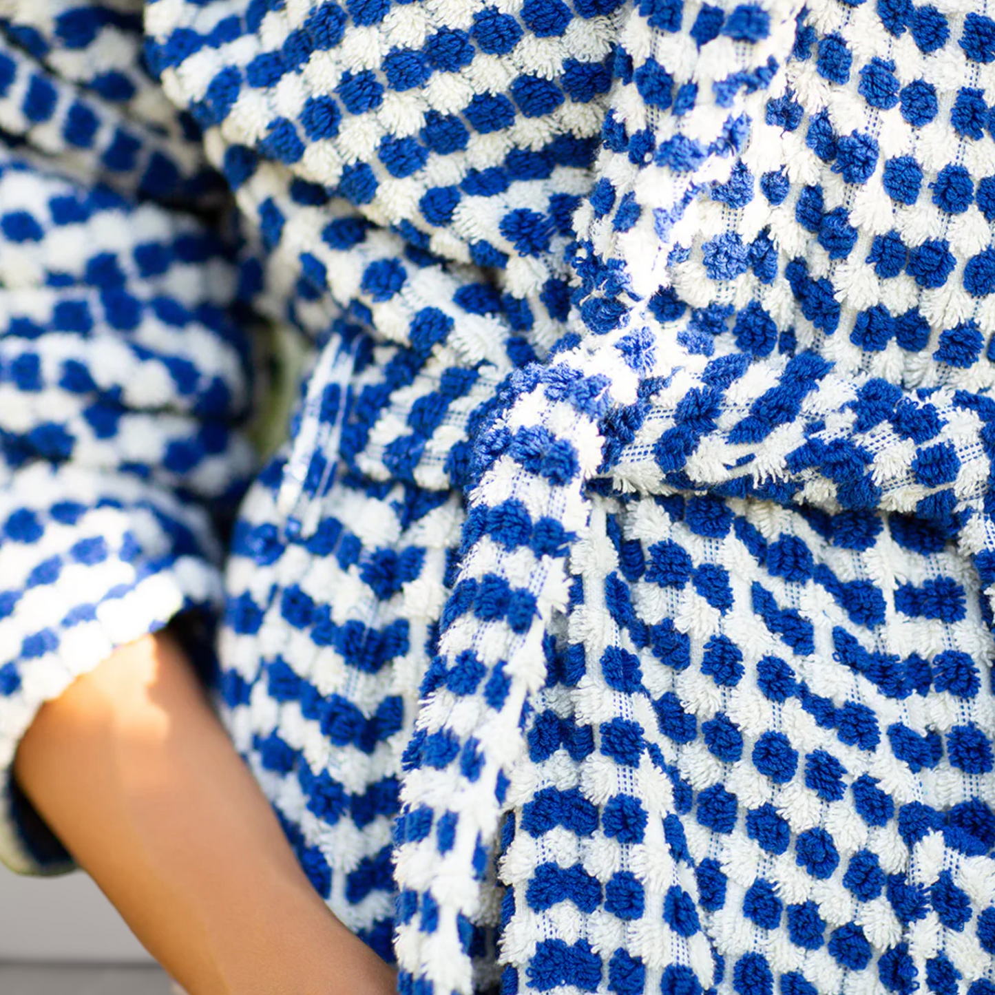 Turkish Terry Towel Bathrobe Indigo Dotted Pompom Design Shawl Collar