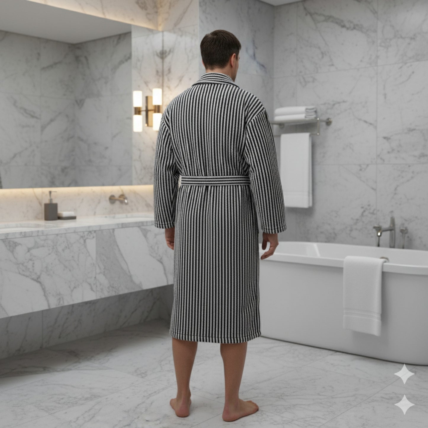 Turkish terry towel unisex bathrobe in black and white stripe design with a shawl collar, made from natural cotton for comfort and absorbency.