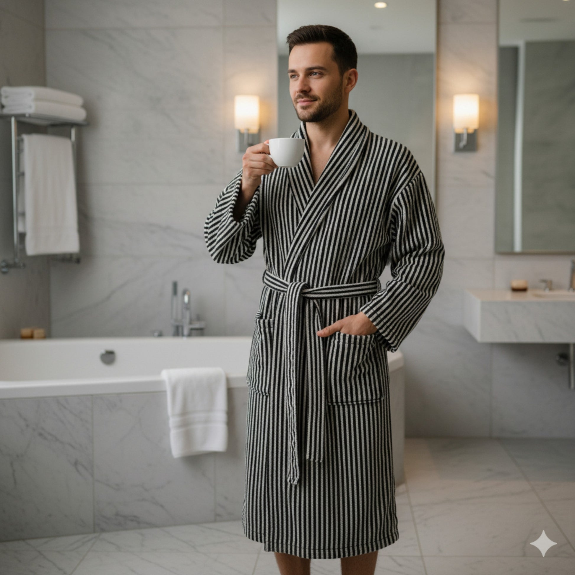 Turkish terry towel unisex bathrobe in black and white stripe design with a shawl collar, made from natural cotton for comfort and absorbency.