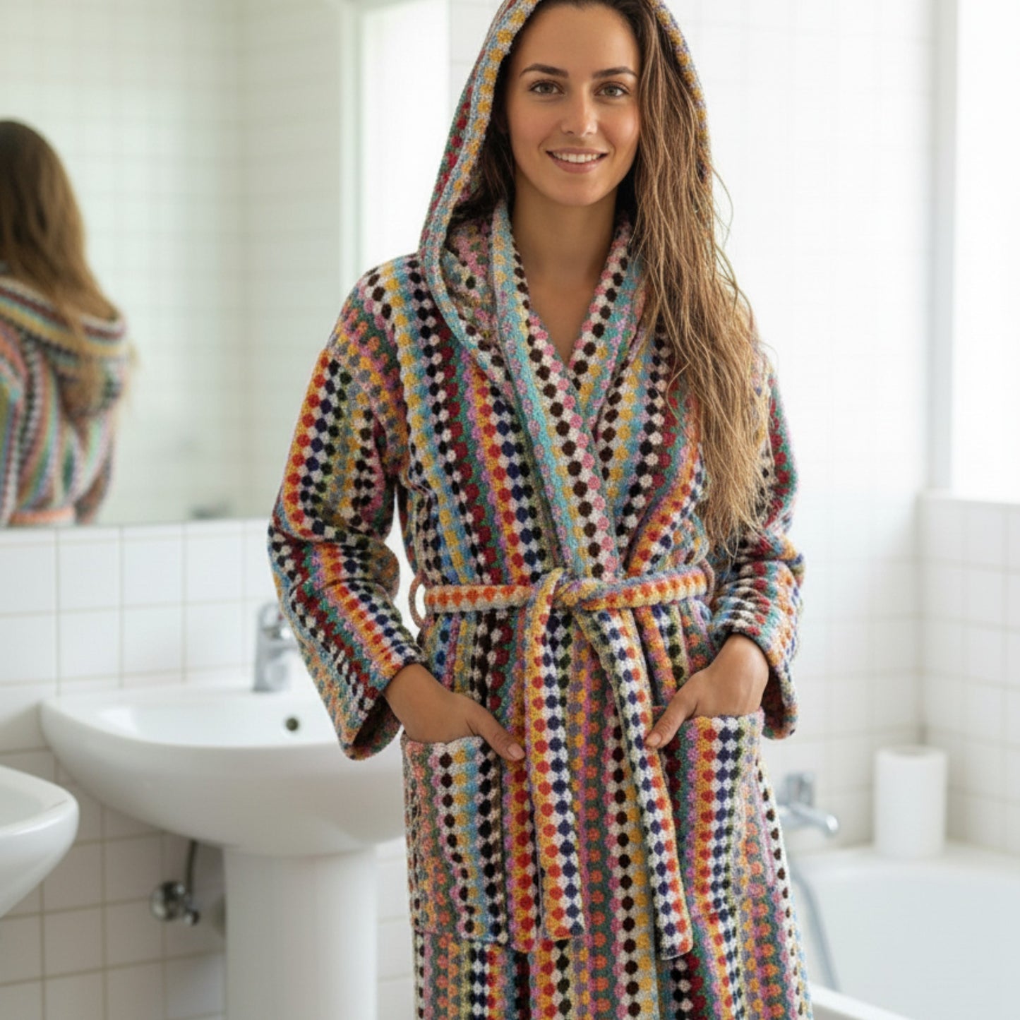Woman wearing a colorful robe in a bathroom