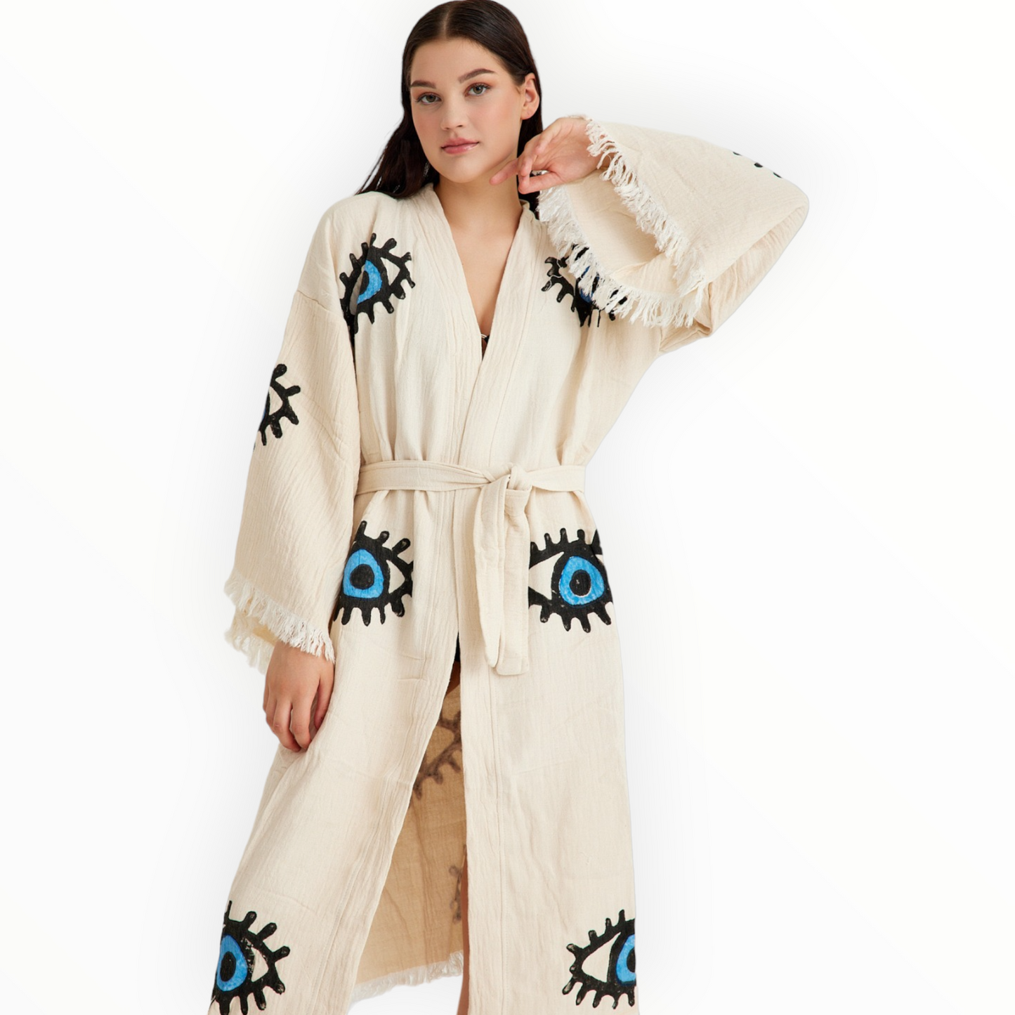 Turkish Towel Kimono Bathrobe Blue Evil Eye Design Natural