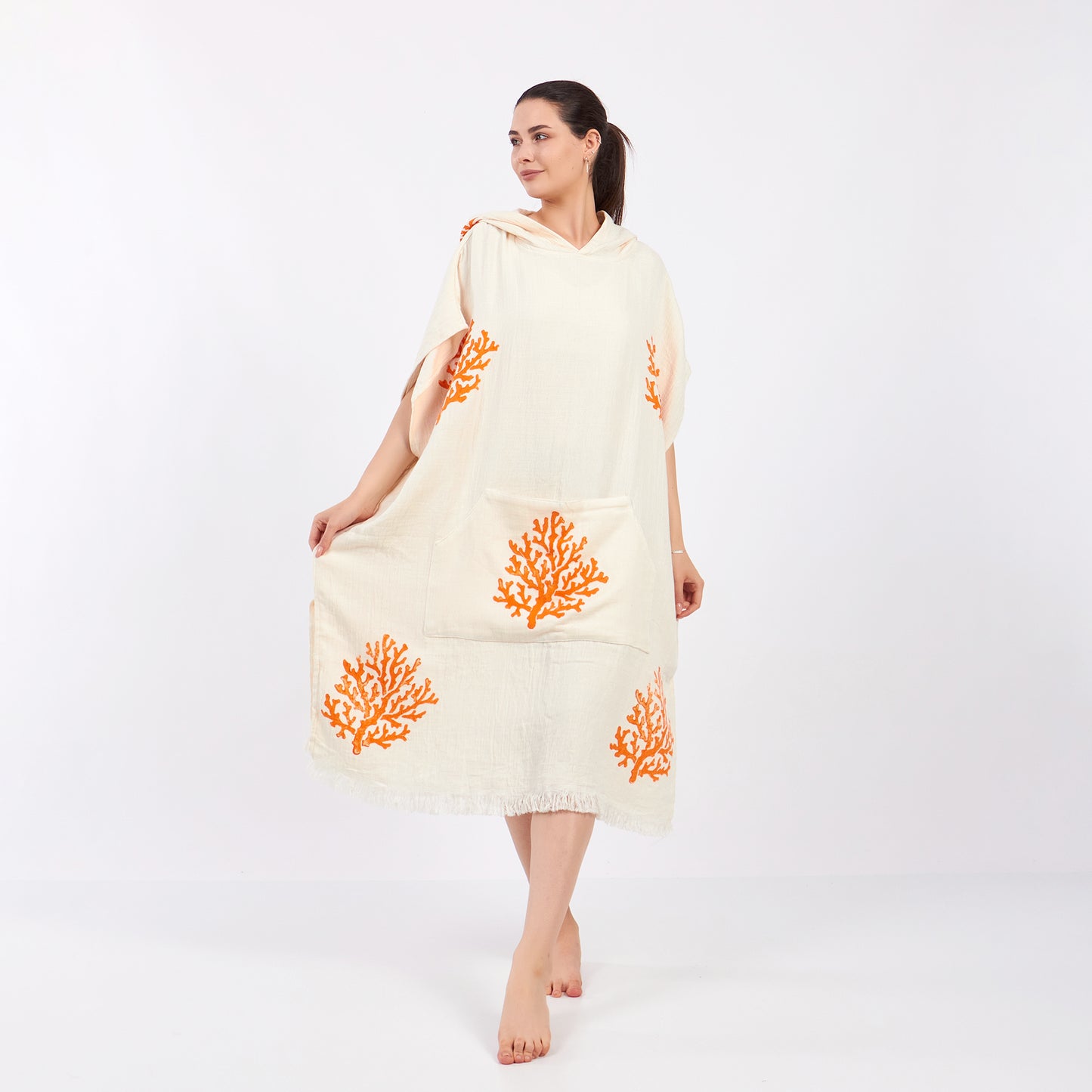 Turkish Towel Surf Poncho, Beach Poncho, Changing Poncho, Coral Design Poncho