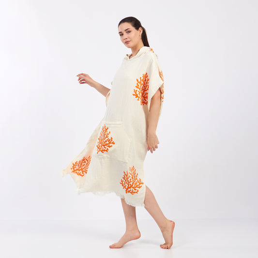 Turkish Towel Surf Poncho, Beach Poncho, Changing Poncho, Coral Design Poncho