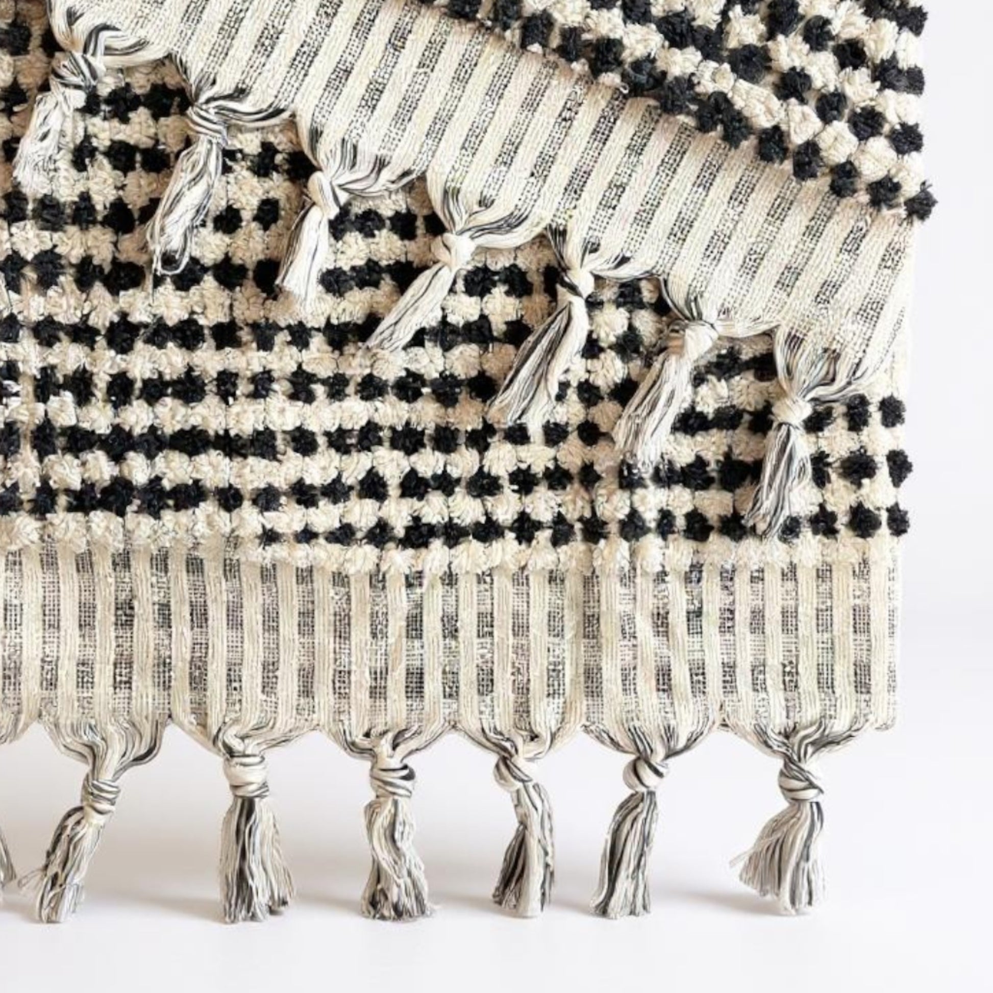 Turkish Terry Towel Hammam Towel Bath Towel Black White Dotted Hand Woven Natural Turkish Cotton detail view tussels and  nodes