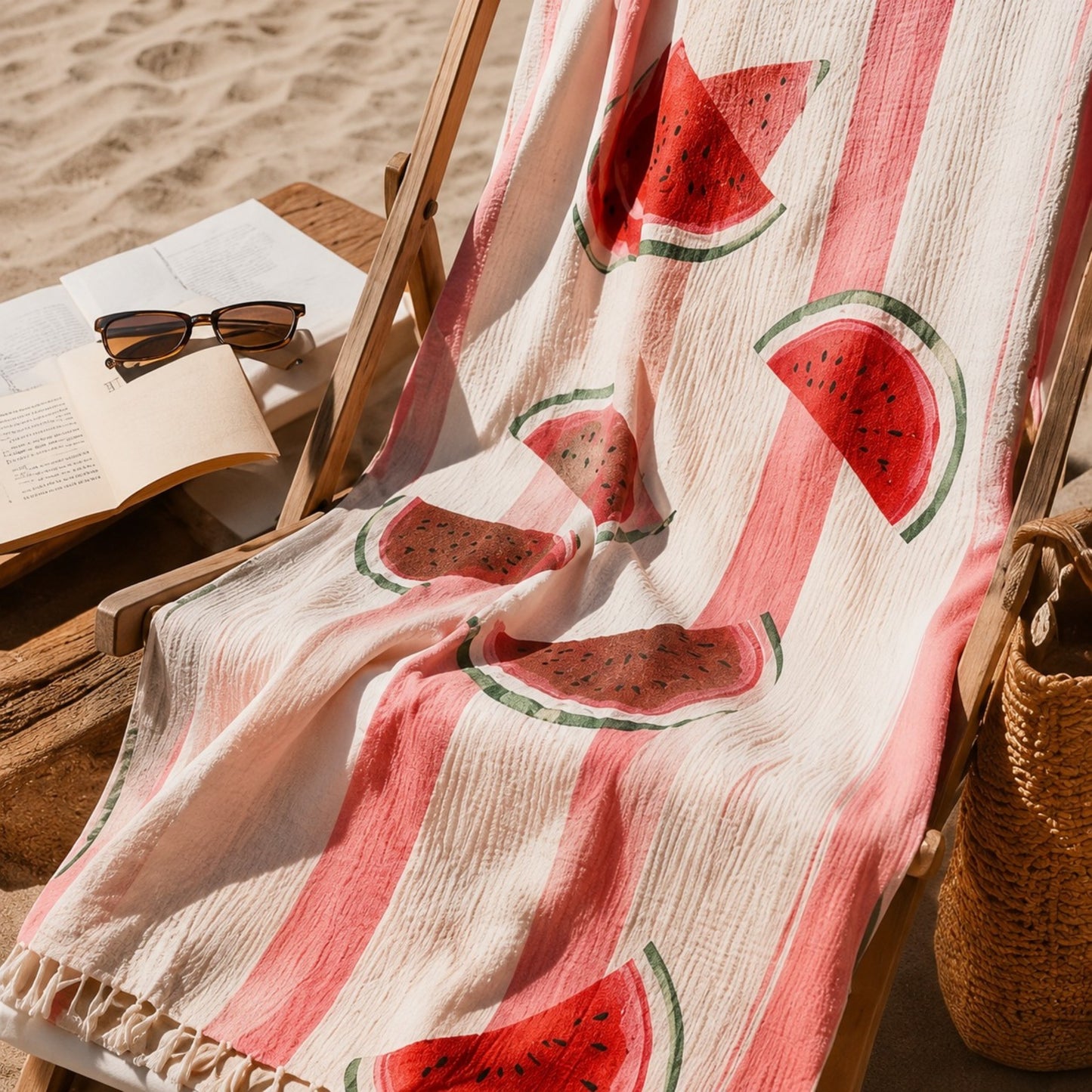 Reversible Watermelon Turkish Towel draped over a beach lounger, made from 100% premium Turkish cotton muslin.