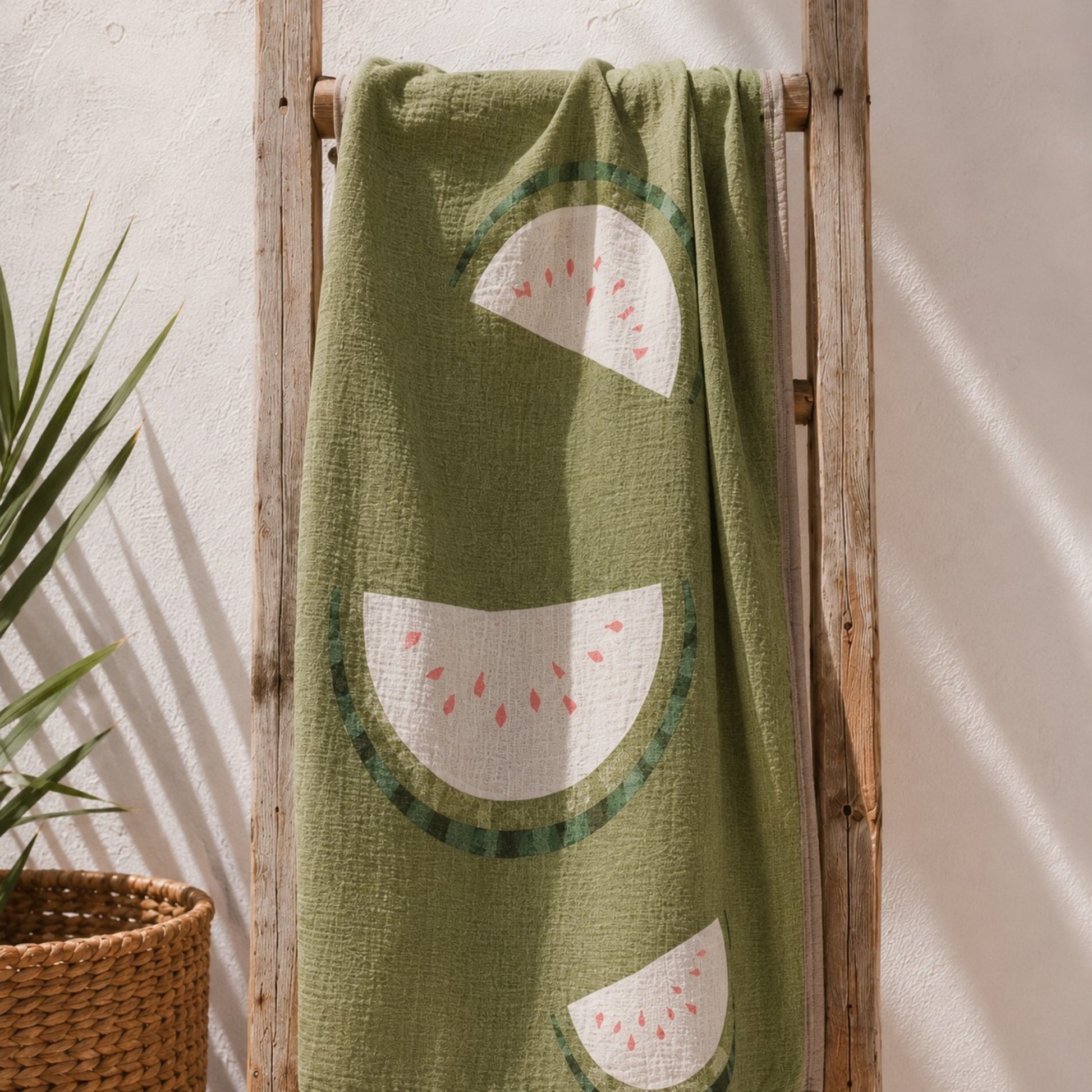 Reversible Watermelon Turkish Towel hanging on a wooden ladder, made from 100% premium Turkish cotton muslin.