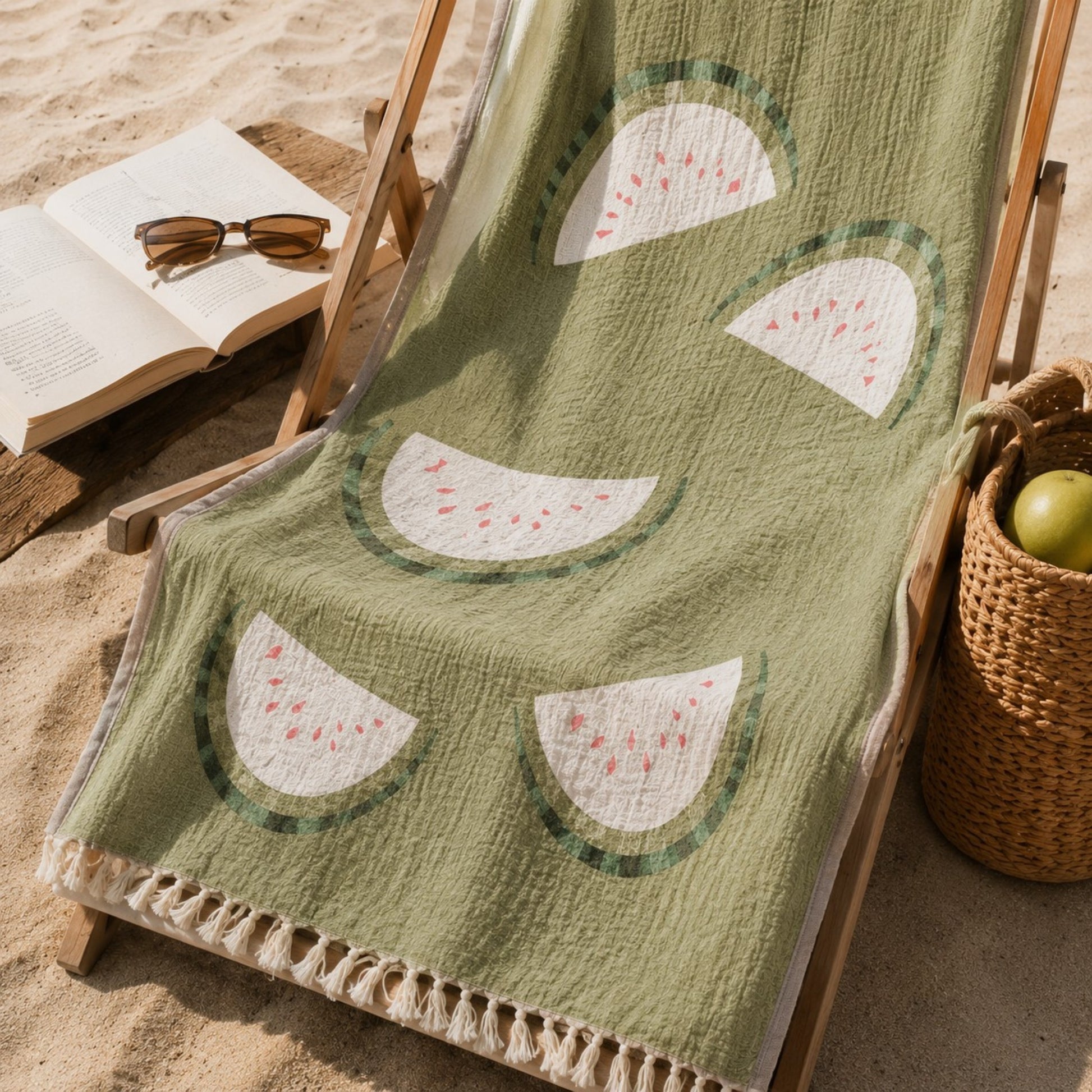 Reversible Watermelon Turkish Towel draped over a beach lounger, made from 100% premium Turkish cotton muslin.