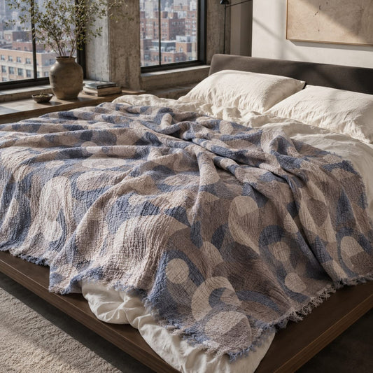 Blue Geometric 4-Layer Muslin Bed Cover | 100% Cotton | 240x260 cm