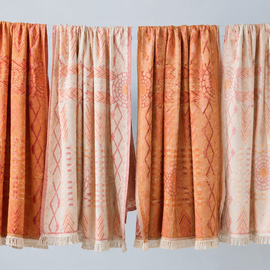 Reversible Kilim Heritage muslin throw blanket in orange and ivory, crafted from 100% Turkish cotton with jacquard woven ethnic patterns, 130 x 150 cm.