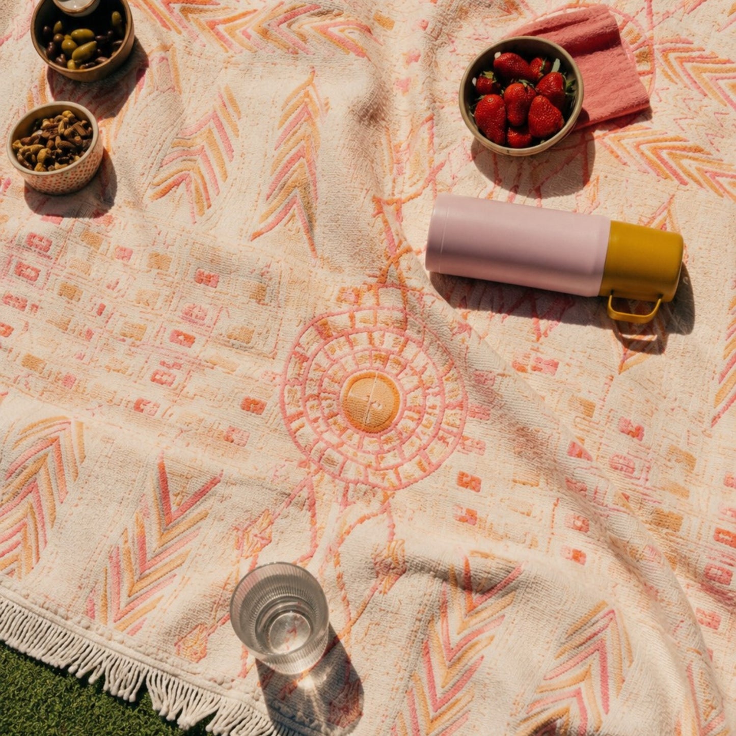 Kilim Heritage reversible Turkish cotton muslin throw blanket styled as a picnic blanket with fresh fruit and drinks, featuring a jacquard woven ethnic pattern.