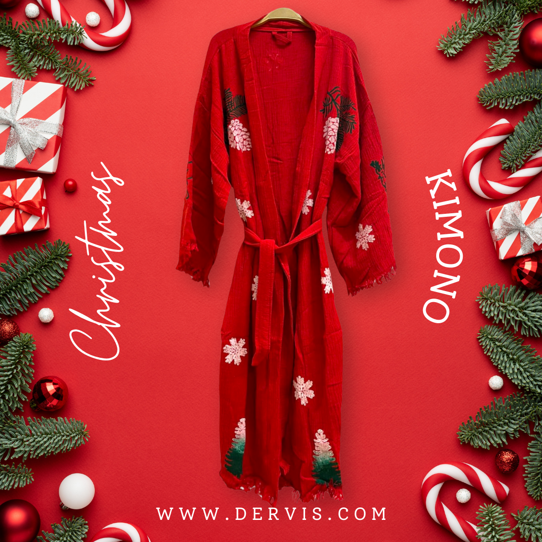 Christmas Design Kimono Robe - Hand Made & Hand Print