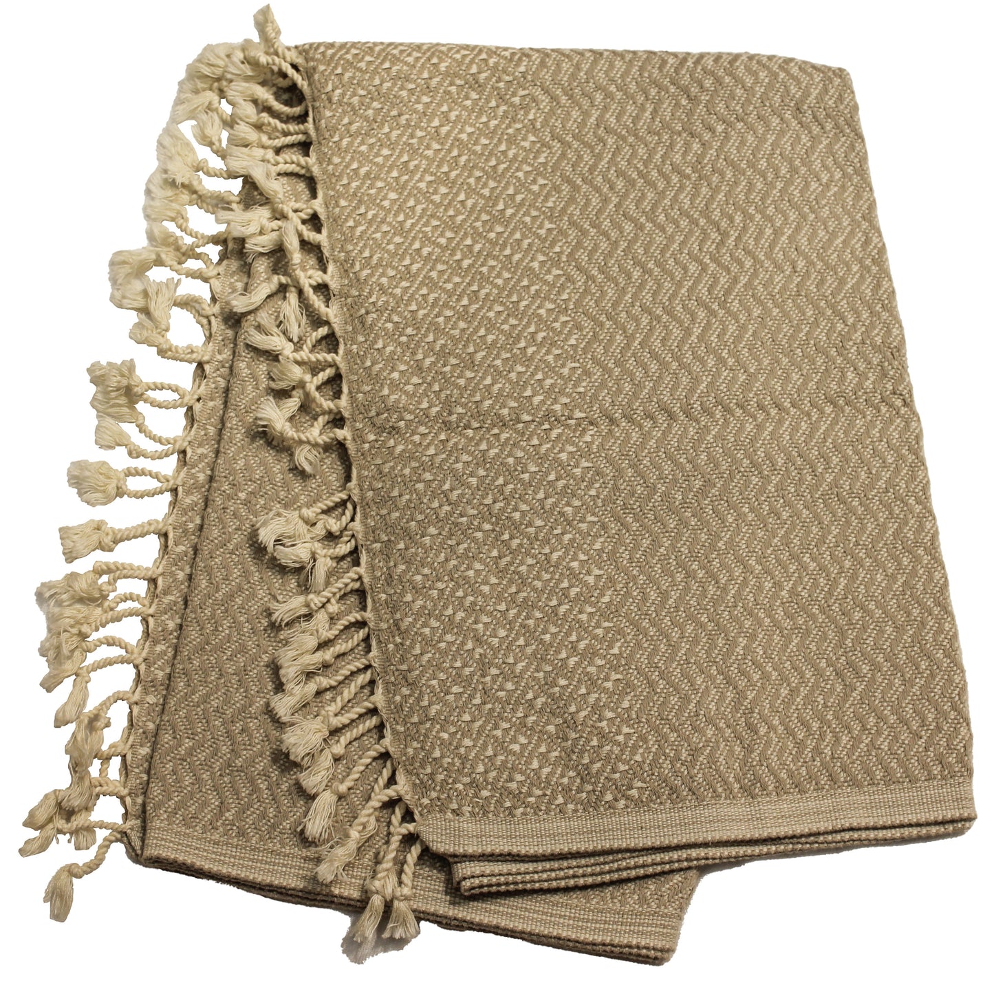 A brown Turkish towel with a geometric pattern and fringed edge, displayed on a white background.