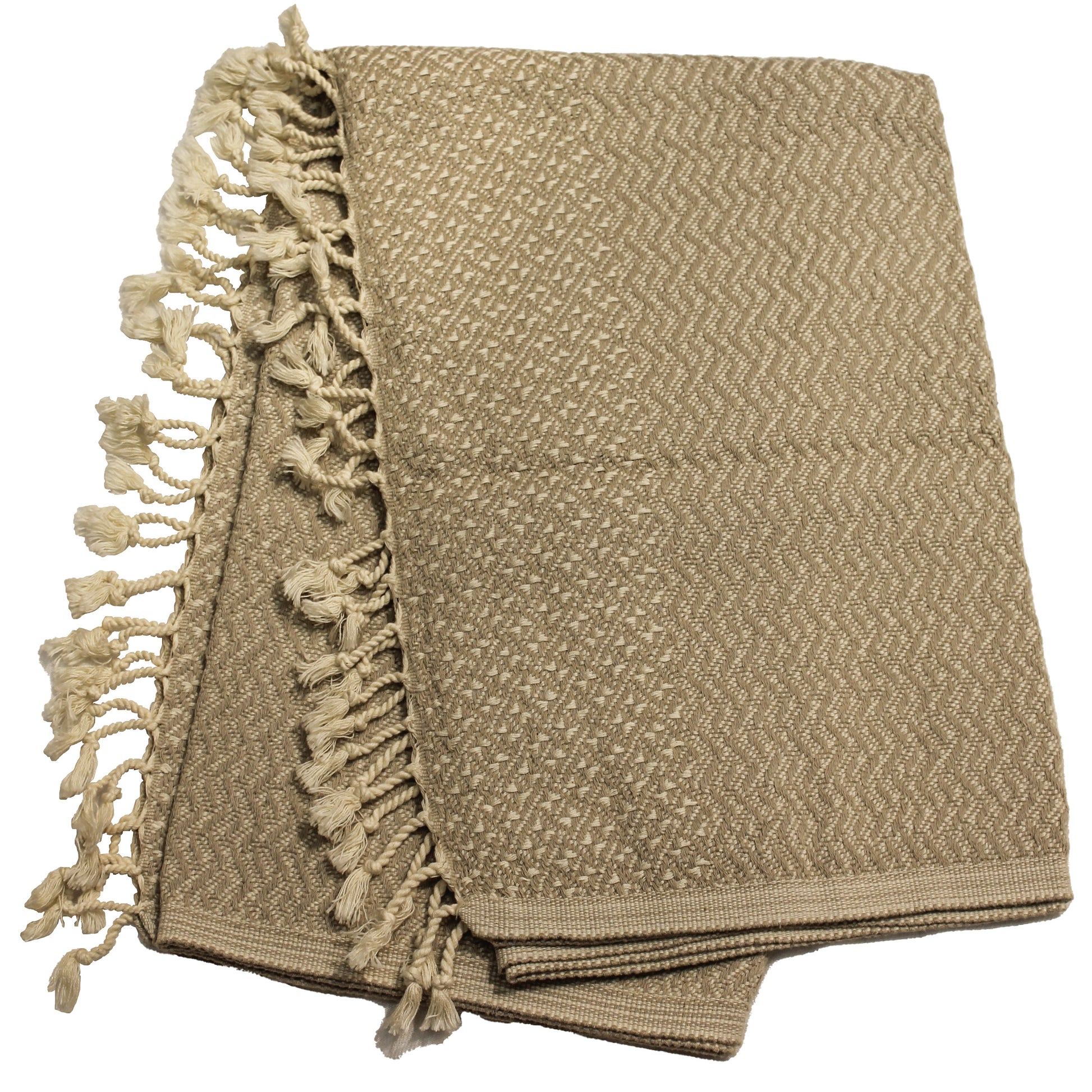 A brown Turkish towel with a geometric pattern and fringed edge, displayed on a white background.