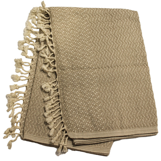 A brown Turkish towel with a geometric pattern and fringed edge, displayed on a white background.