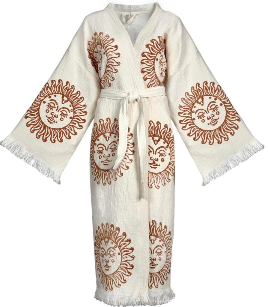 Hand-Woven Natural Cotton Brown Sun Pattern Turkish Towel Kimono