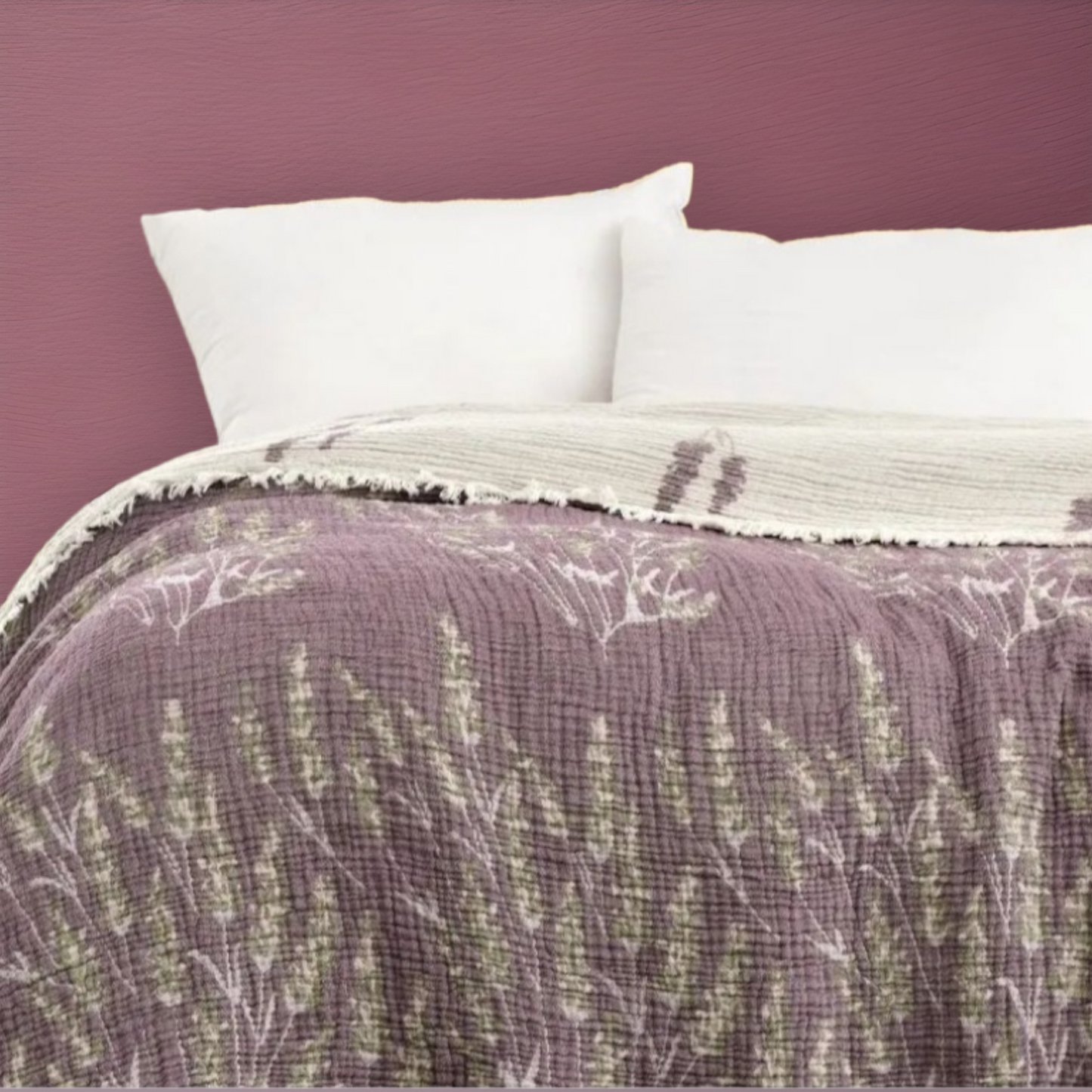 Natural Cotton Muslin Bed Cover for Adults Gauze Blanket Lavender Design
