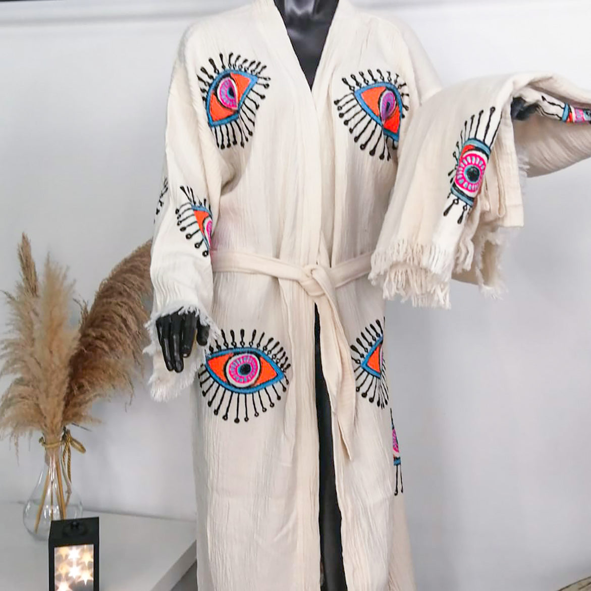 Evil Eye Handwoven Muslin Kimono Robe