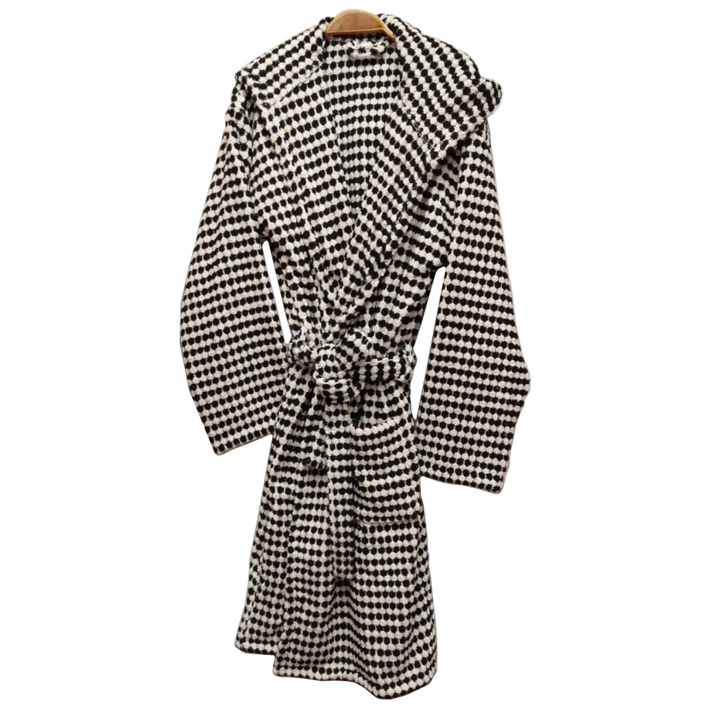 Turkish Terry Towel Unisex Bathrobe Black White Dotted Pompom Design Hooded