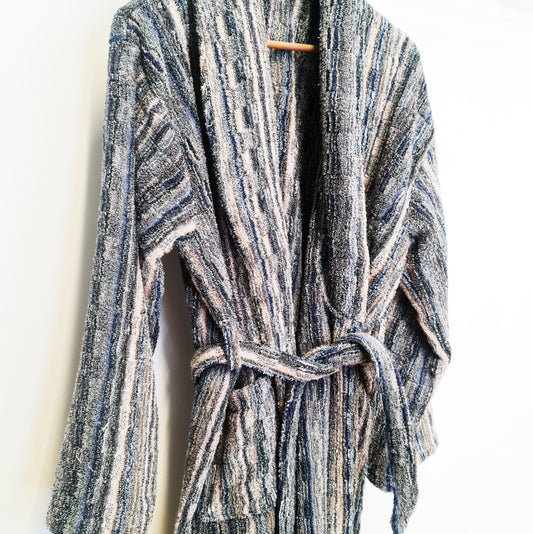 Turkish Terry Towel Bathrobe Multi Grey Stripe Design
