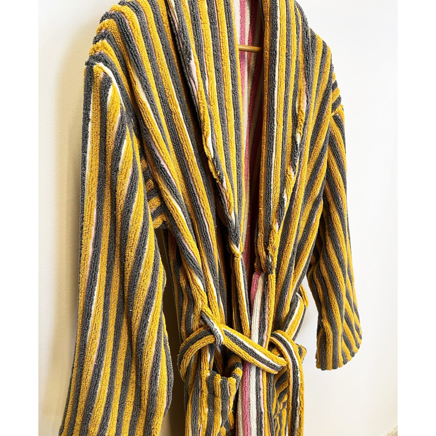 Turkish Terry Towel Bathrobe Yellow Pink Stripe Design