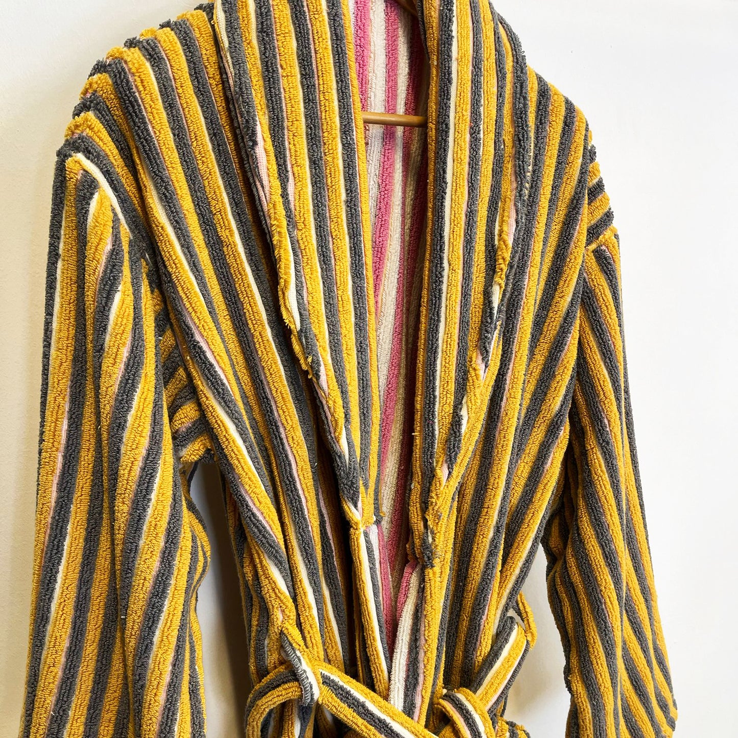 Turkish Terry Towel Bathrobe Yellow Pink Stripe Design