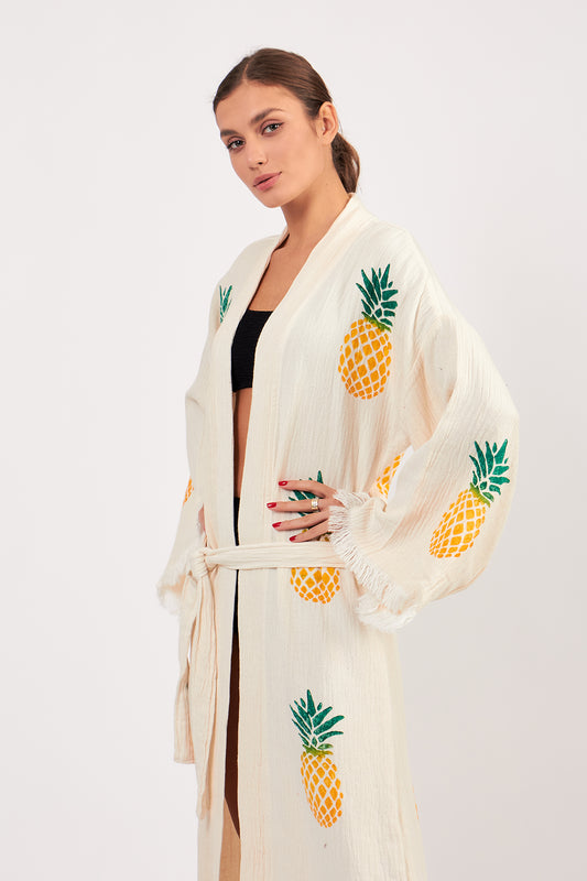 Turkish Towel Kimono Bathrobe Pineapple Design Ecru