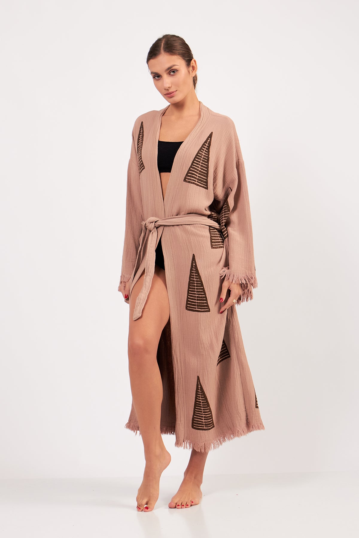 Turkish Towel Kimono Bathrobe Pyramid Design Brown