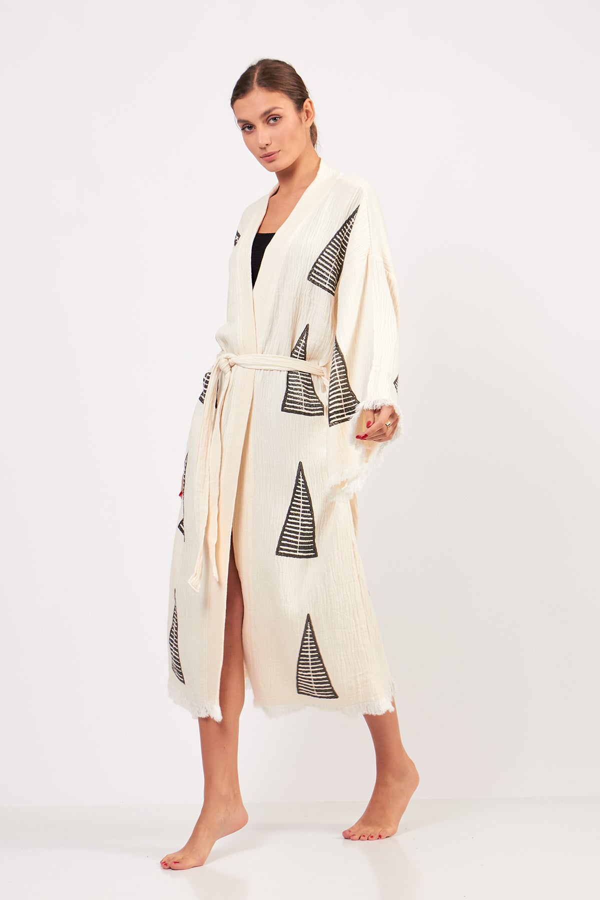 Turkish Towel Kimono Bathrobe Pyramid Design Natural