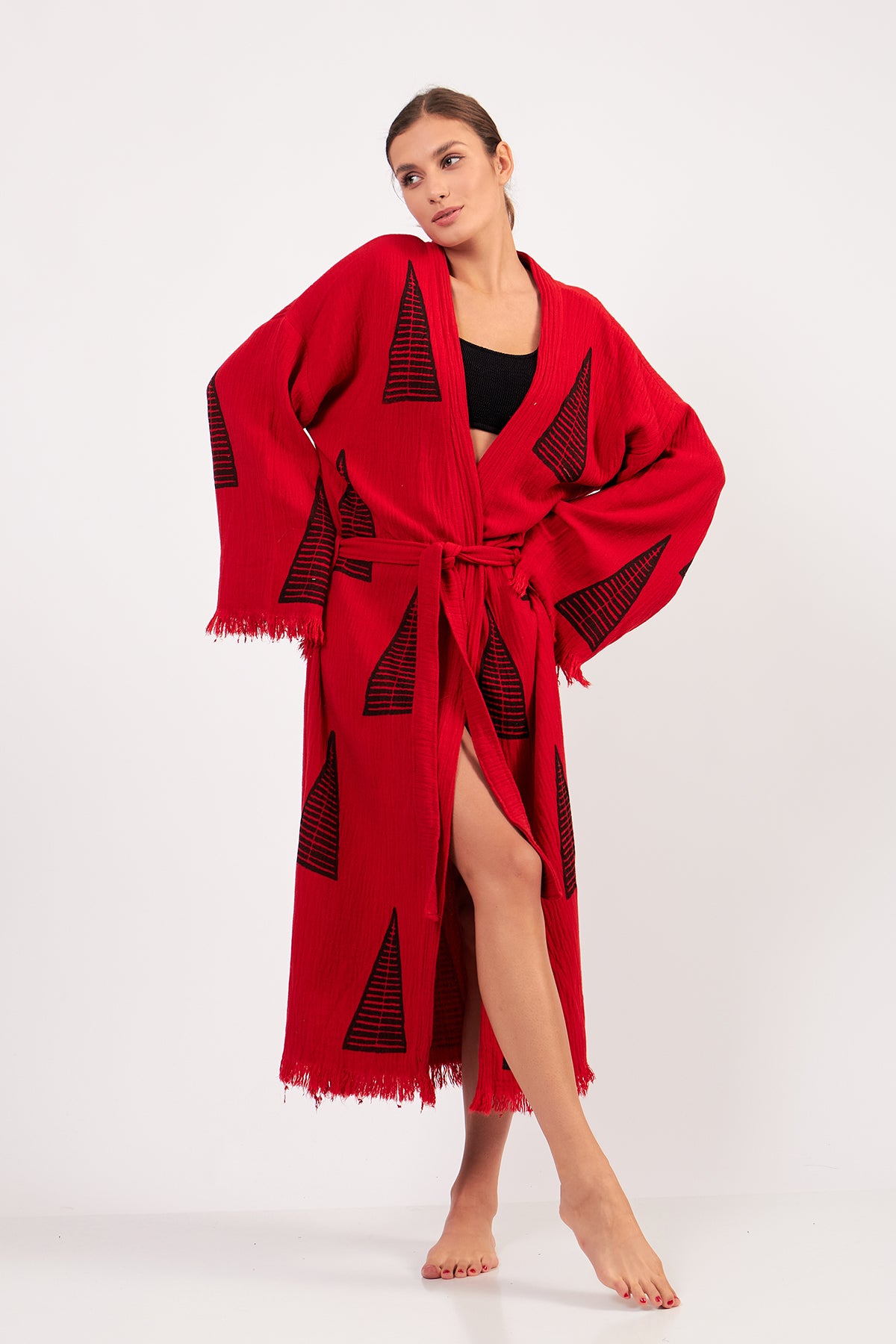 Turkish Towel Kimono Bathrobe Pyramid Design Red