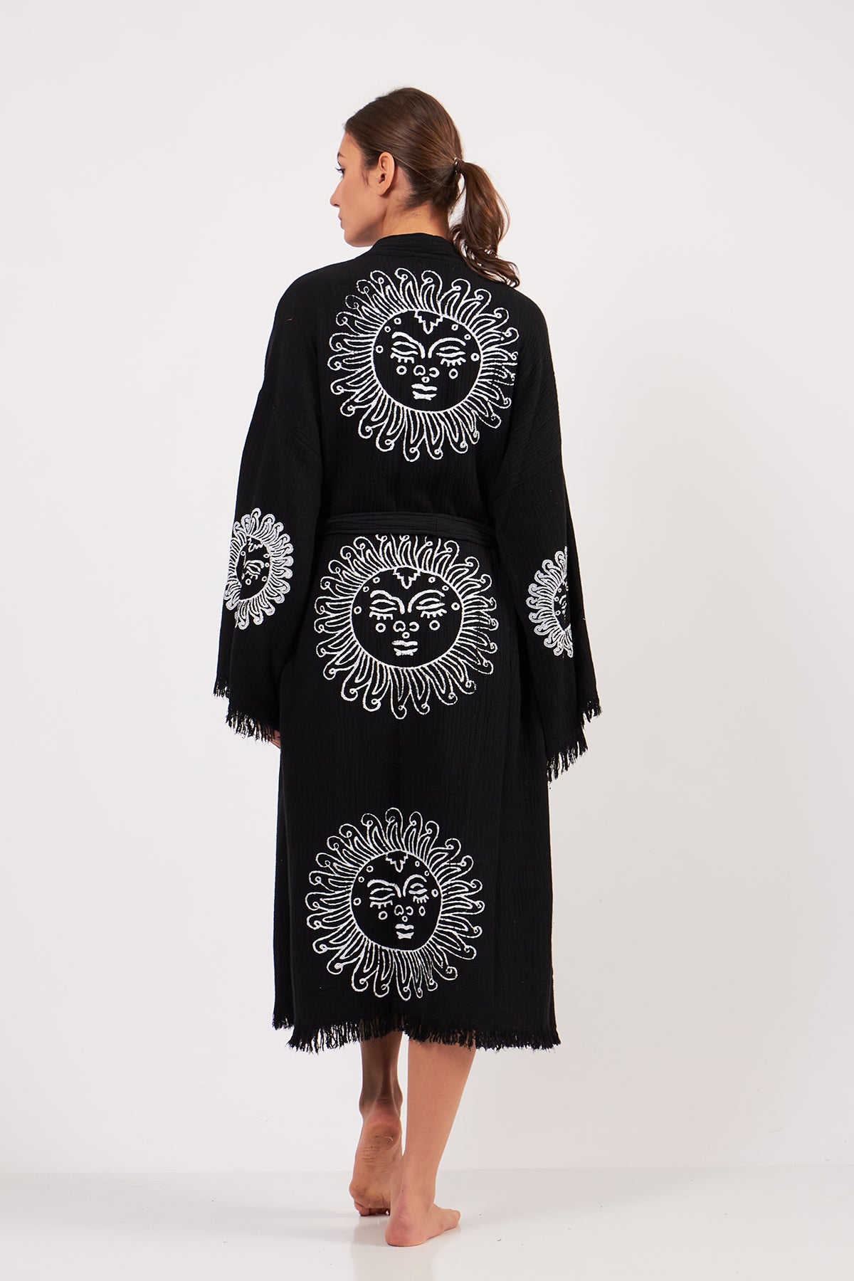 Turkish Towel Kimono Bathrobe Sun Design Black